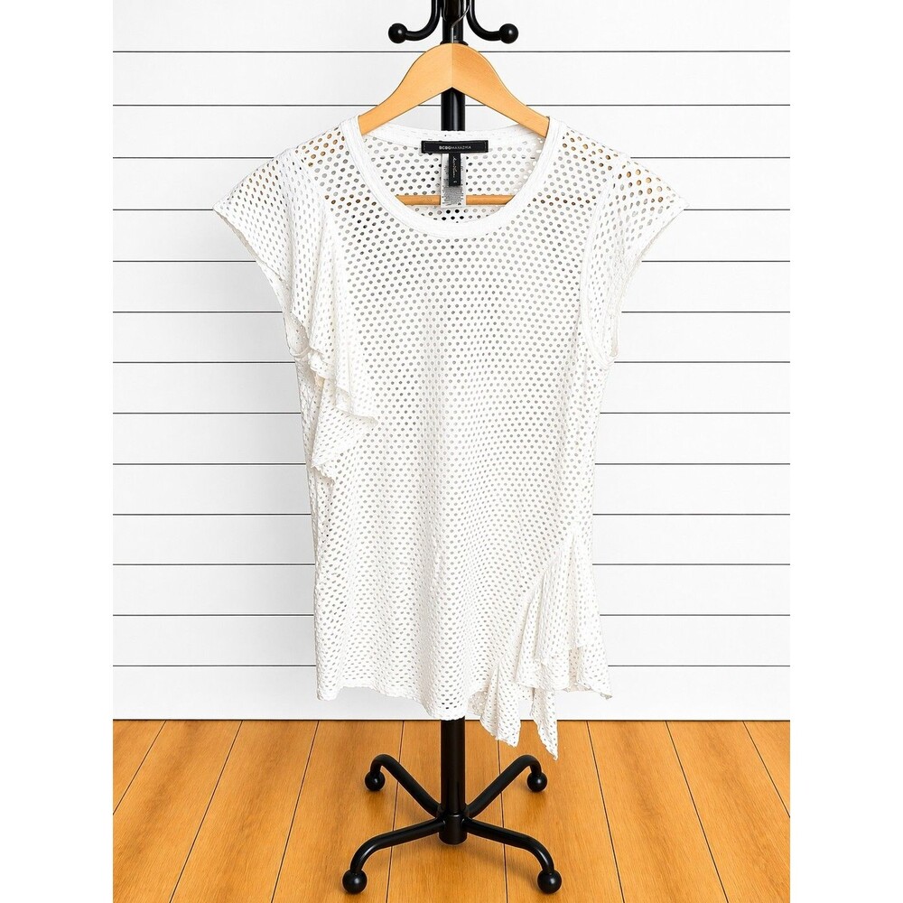 BCBG White Festival Sleeveless Ruffle Boho Mesh Top S